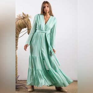 Sundress Long Sleeve Mint Green Wrap Maxi Dress | Size XS/S